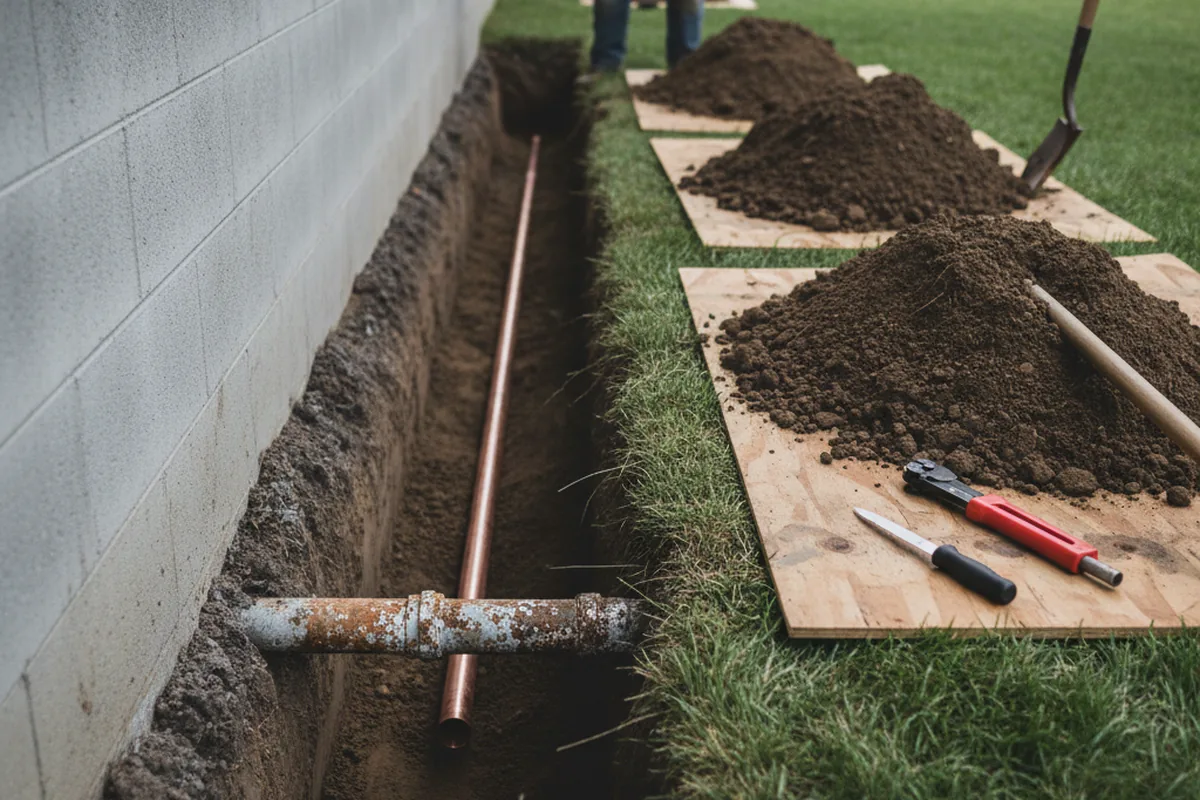 Excavated water line trench during Water Softener Installation in Roland